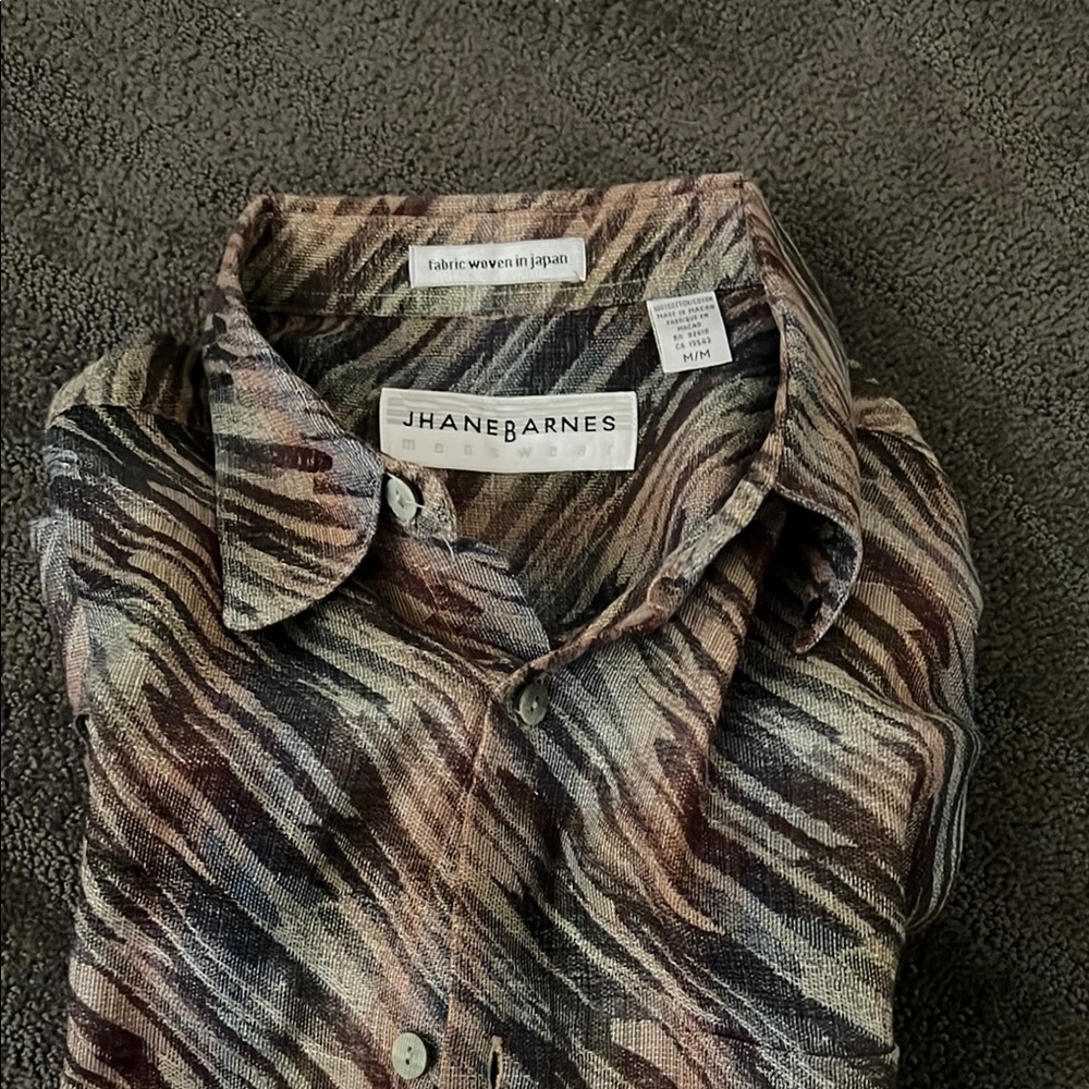 Jhane Barnes Brown Casual Button Down Shirt with Abstract Pattern